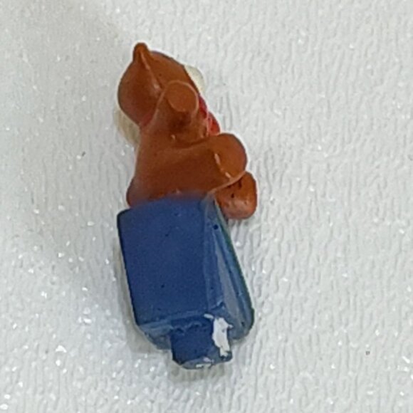 Miniature Brown Teddy Bear On Blue Present Box Decorative Tab Figurine Vintage - Picture 8 of 8